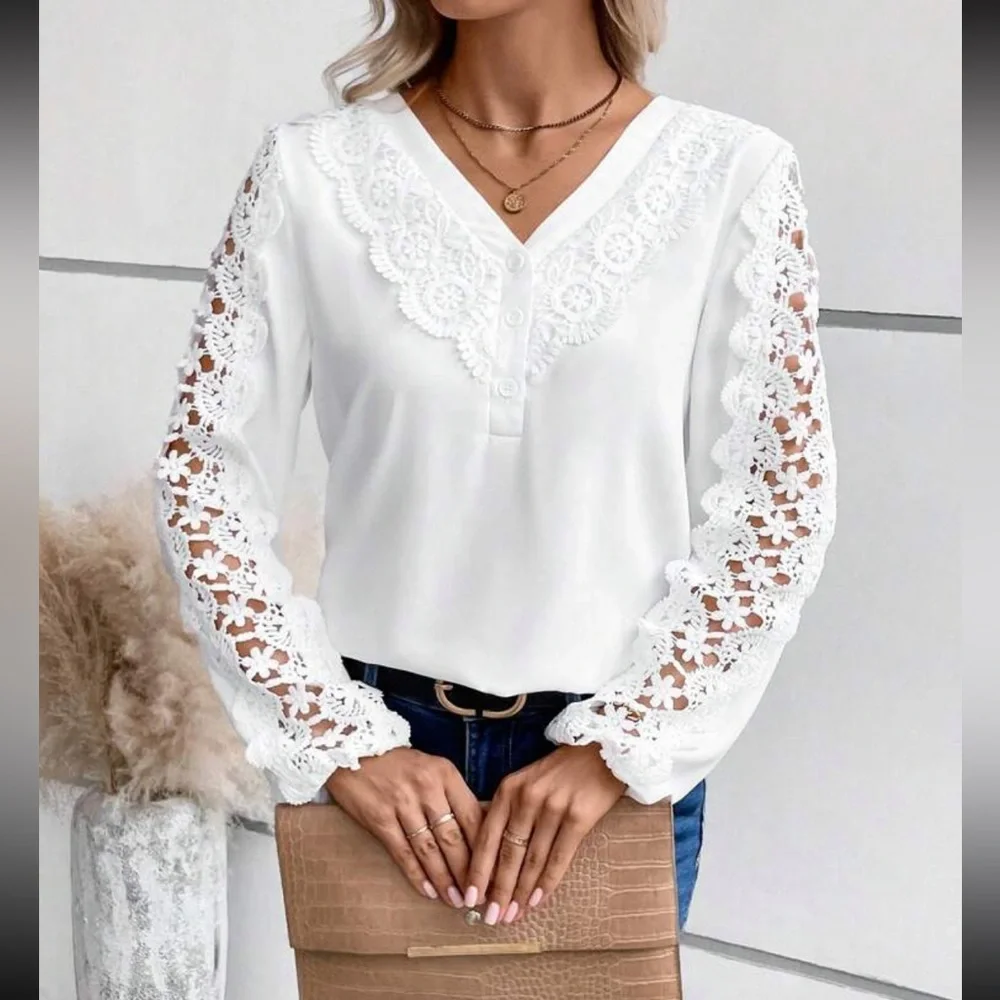 Luxe lace detail V neck blouse